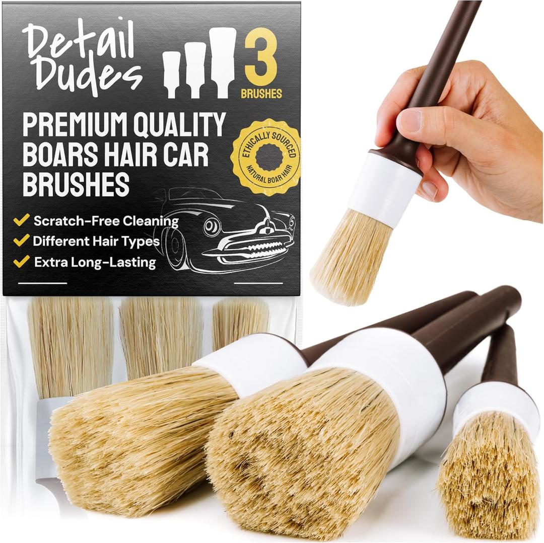 Soft Boars Hair Car Detailing Brush Set for Washing (3 Pack) - Car Detailing Kit - Automotive Cleaning Brush