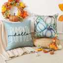 Artscope Fall Decorative Throw Pillow Covers 20x20 Inch Set of 4, Hello Pumpkin Give Thanks Outdoor Farmhouse Pillow Cases for Home Sofa Couch-Light Blue