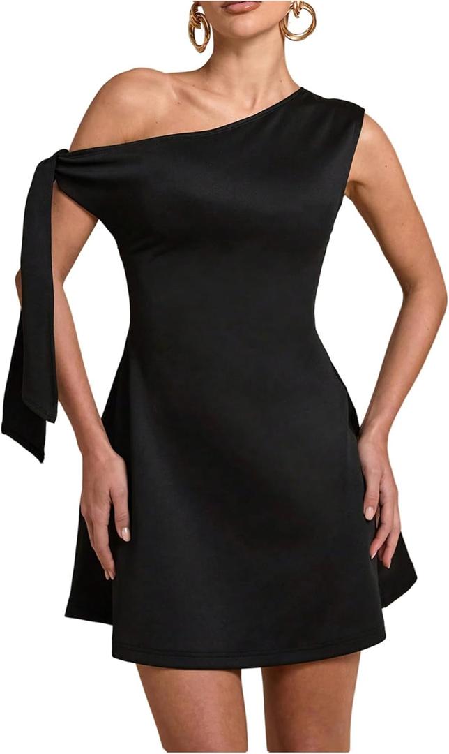 Floerns Women's Elegant Off The Shoulder Mini Dress Tie Side Sleeveless Formal A Line Dresses Black Solid Pure Small
