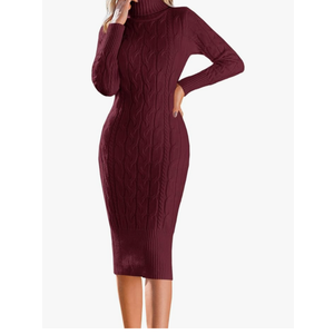 Fangetey Womens Long Sleeve Turtleneck Sweater Dresses Knitted Bodycon Midi Sheath Jumper Dresses, Size Small