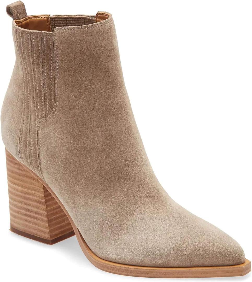 Imily Bela Womens Ankle Boots Pointed Toe Chunky Stacked Mid Heeled Faux Suede Leather Booties (6, Nude)