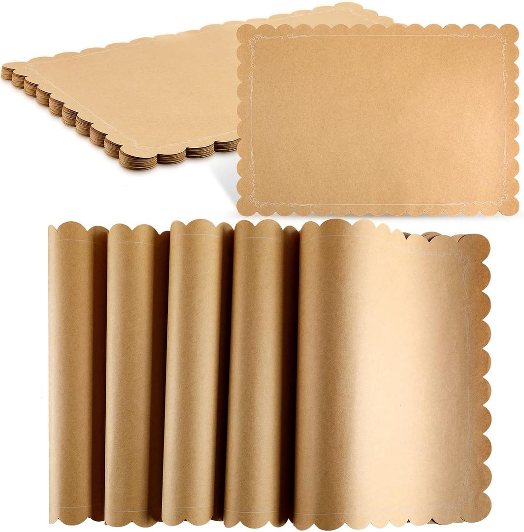 100 Pcs Disposable Brown Kraft Paper Place Mats Paper Placemat Disposable Rectangle Rustic Craft Printed Scalloped Place Mat Kraft Brown Placemat for Wedding Anniversary Party Kitchen (13 x 19 Inch)