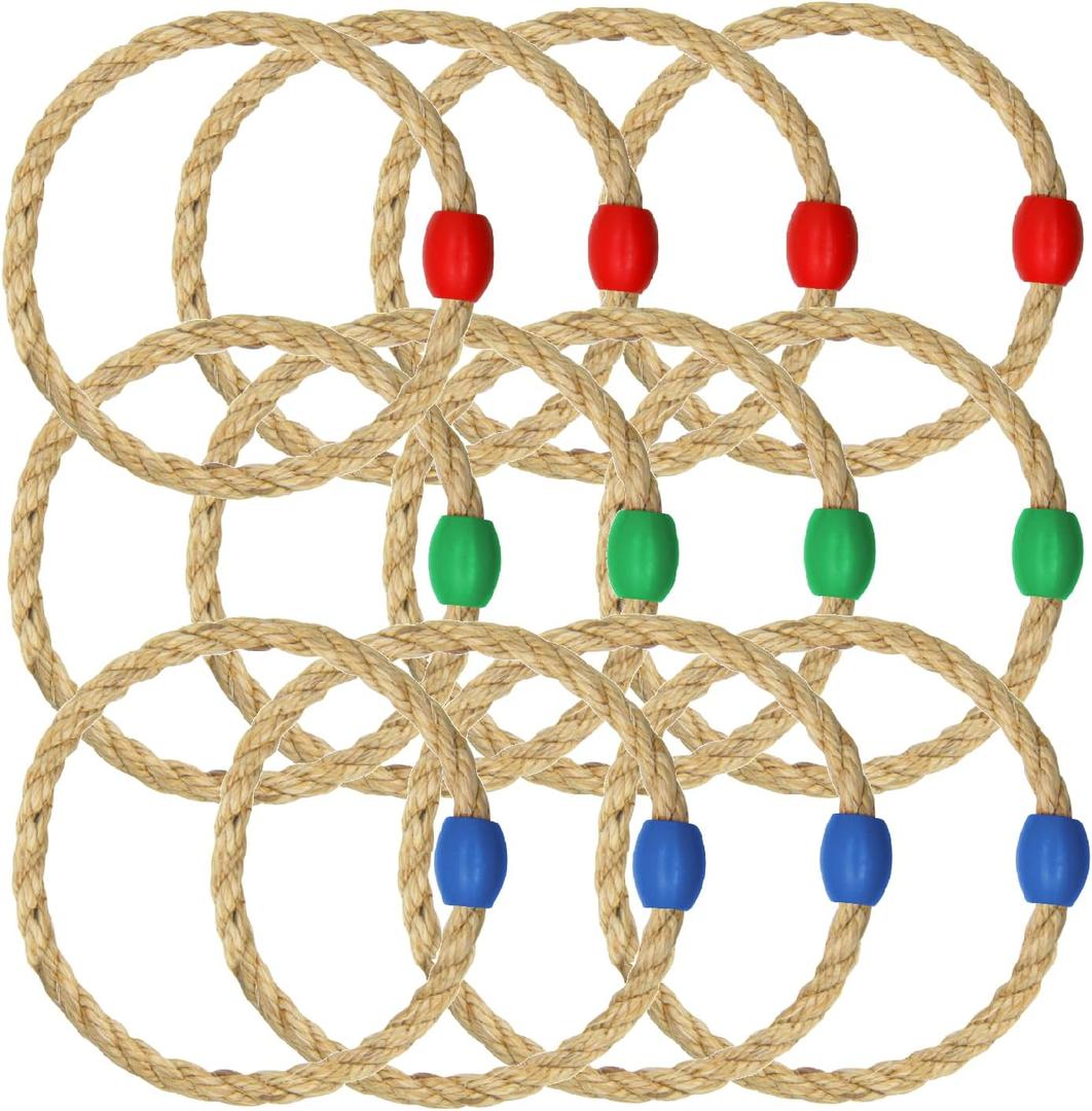 12 Pack Sisal Rope Ring Toss Game Replacement Parts for Adults and Kids, Outdoor Toss Rings for Agility Practice and Speed Game and Yard Games and Lawn Games for Party (3 Colors-Red Green Blue)