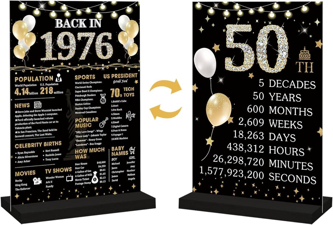 Roetyce 50th Birthday Decorations Gift for Women Men, Black Gold Back in 1976 Poster Acrylic Sign Centerpiece(1PC Duplex Printing), 50th Anniversary Table Decor, 50 Years Old Birthday Party Supplies