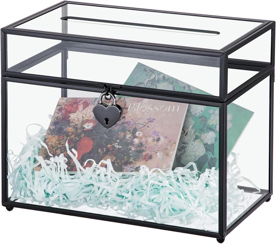 Small Glass Cards Box with Slot and Lock for Wedding Reception - Card Box for Wedding Party, Home Geometric Decorative, Birthdays Party Card Holder (9.84"L x 5.71"W x 7.87"H, Black)