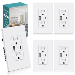 BESTTEN 24W USB Wall Outlet, 15 Amp Power Outlet with Type C & Type A Ports, 4.8A USB Receptacle with TR, Screwless Wallplate Included, Self-Grounding, UL Listed, 5 Pack, White