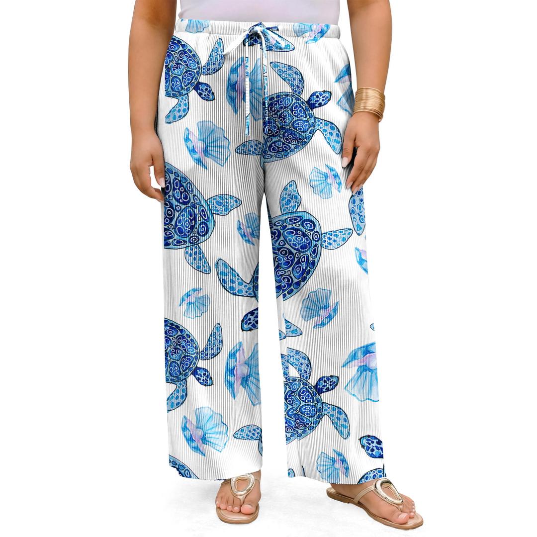 Cetieo Women's Plus Size Palazzo Pants High Waisted Wide Leg Trousers (Blue, XL)