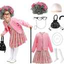Gilrs 100th Day of School Costume Old Lady Costume Kids Grandma Dress up Accessories (8-9 Years)