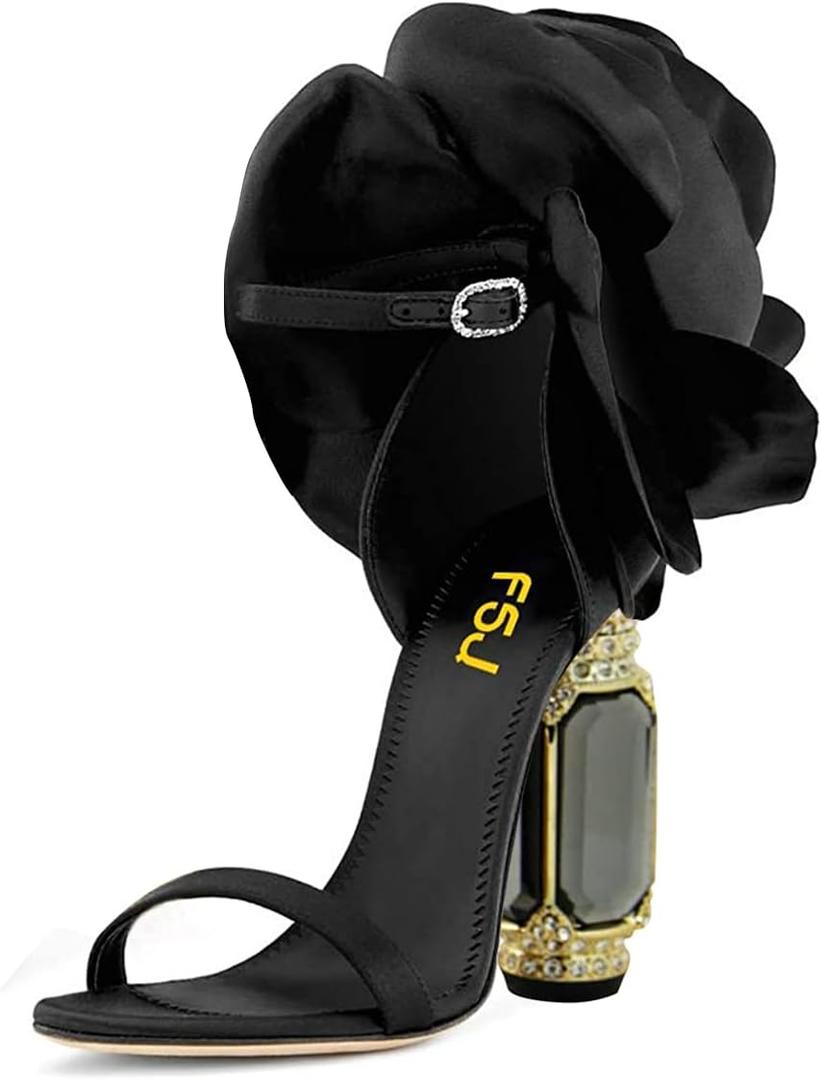 FSJ Women Open Toe Stylish Sandal Ankle Strap Chunky Block High Thick Heels Wedding Party Ballroom Prom Shoes  (7, Black Flower)