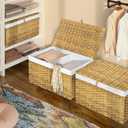 GREENSTELL Storage Basket with Lid, 27.7 Gallon(105L) Large Wicker Blanket Storage Basket with Handles, Foldable, 2 Removable Liner Bags, Metal Frame, for Bedroom, Laundry Room, Natural