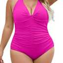 B2prity Women's Plus Size One Piece Swimsuit Tummy Control Ruched Slimming Bathing Suit Halter V Neck Swimwear (Hot Pink) 18W