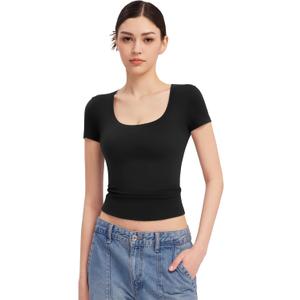 PUMIEY Women's T Shirts Short Sleeve Scoop Neck Basic Going Out Tops Fashion Slim Fit Tee Smoke Cloud Pro Collection (Medium)