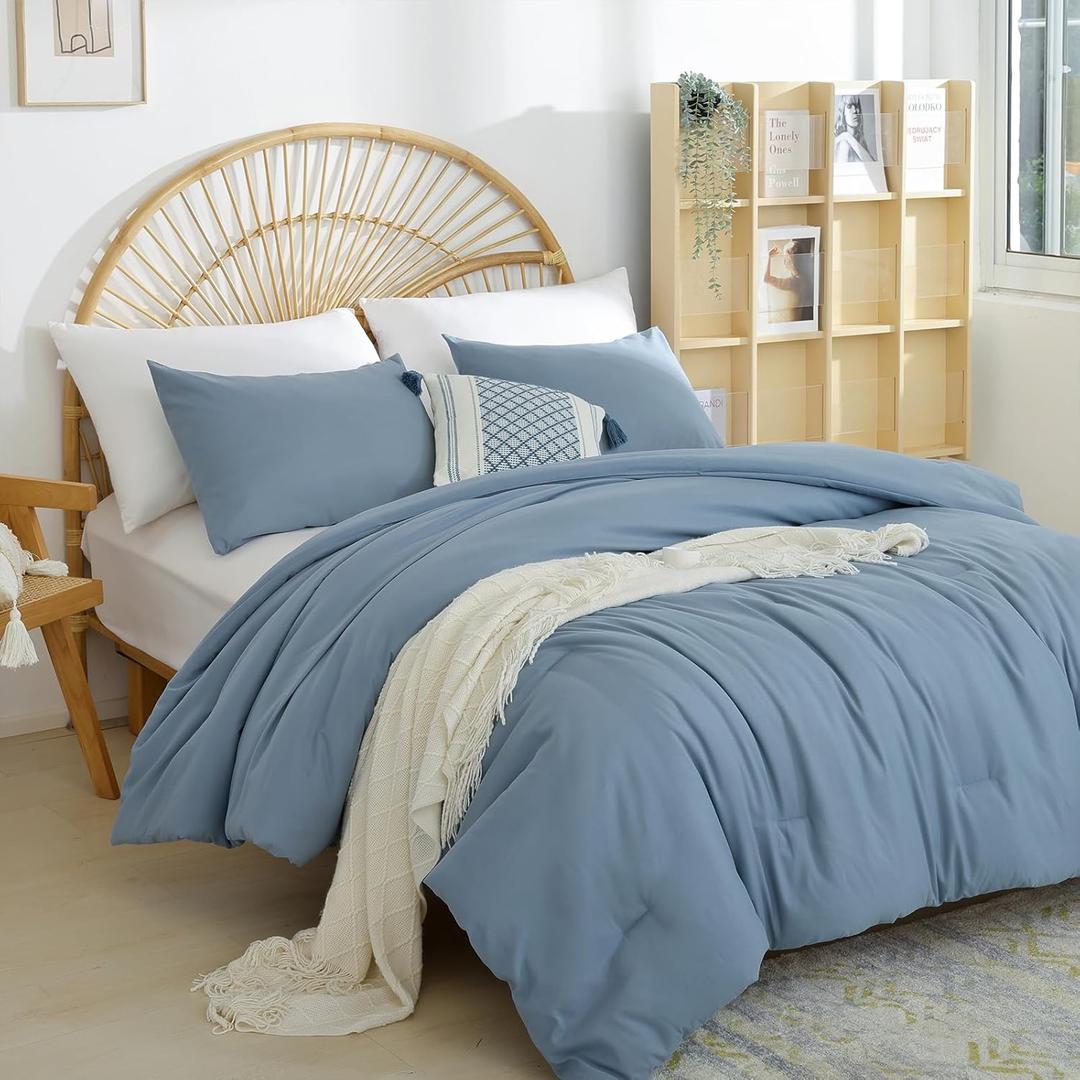 weigelia Dusty Blue Comforter Queen Size 3PCS Bed Comforter with 2 Pillowcases - Ligtweight Soft Solid Blue All Season Queen Comforter Bed Set - Boho Aesthetic Bedding Set for Men and Women