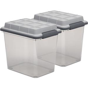 Curver Set of 2 Medium Latch PRO 29QT Heavy Duty, Water Resistant Plastic Organization and Storage Box with Extra Capacity Latching Lid, Transparent Grey