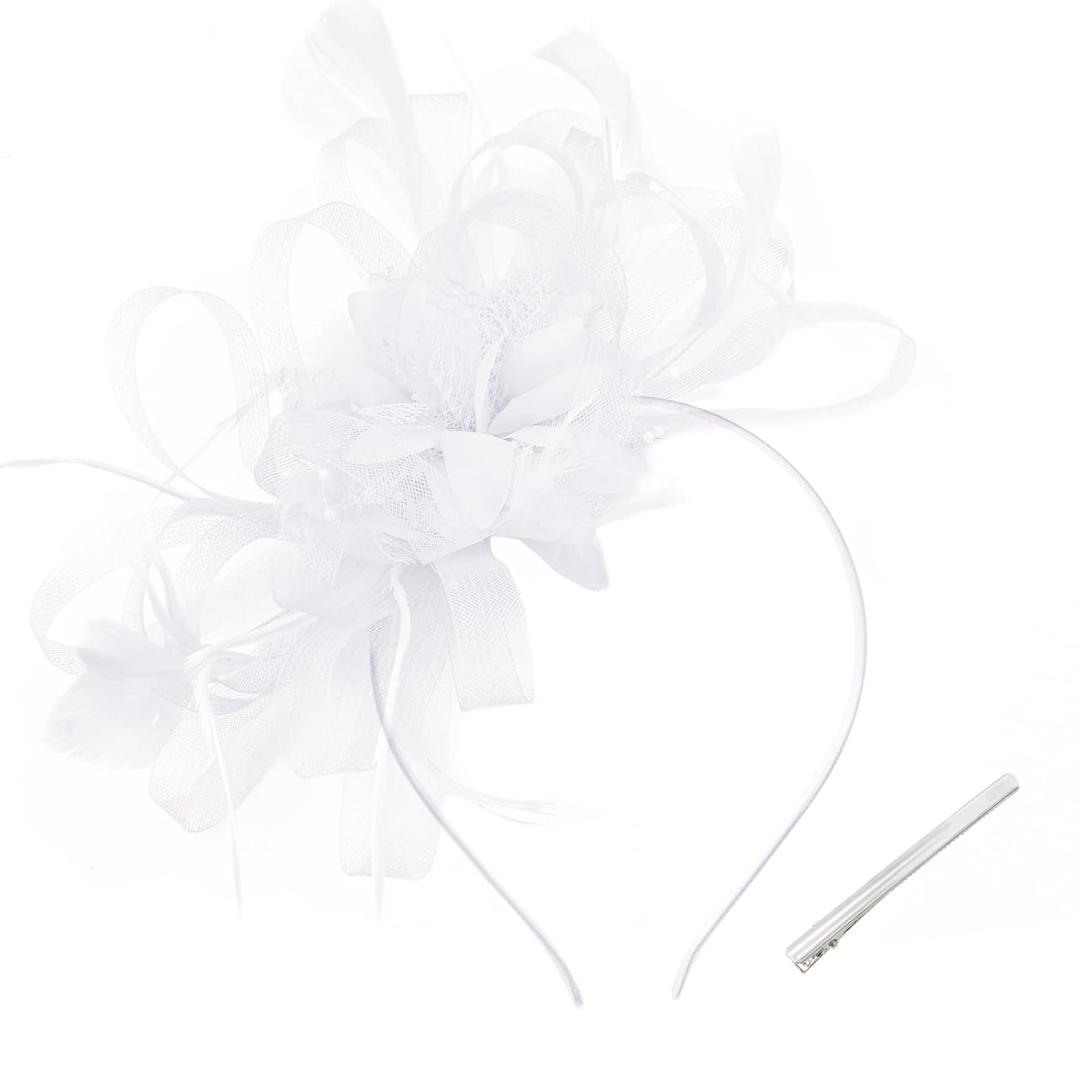 Women's Fascinators Feathers Mesh Ribbons Tea Party Hats with Headband and Clip Fascinator Hat (White)