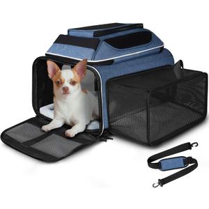 Petskd Top and Side Expandable Pet Carrier 18x13x9.5 Inches Southwest Airline Approved, Soft-Sided Carrier for Small Cats and Dogs with Locking Safety Zippers and Anti-Scratch Mesh (Blue)