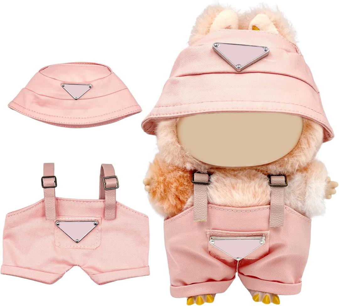 2 x Clothes for 6.7in Plush Doll(NO Doll), Hat & Overalls Set with Triangular Badge, Handcrafted 2-Piece Clothes Set, Fashion Cute Outfit for Dolls Accessories(Pink)