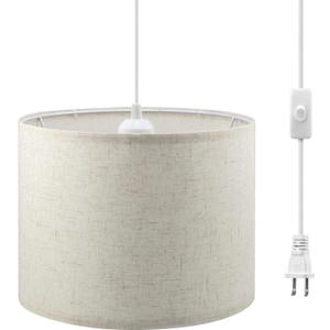 Plug in Pendant Light, 15 FT Hanging Lamp with Plug in Cord, On/Off Switch, Pendant Lighting with Fabric Shade, Hanging Light Fixture for Living Room, Bedroom, Dining Room, Kitchen (Beige)