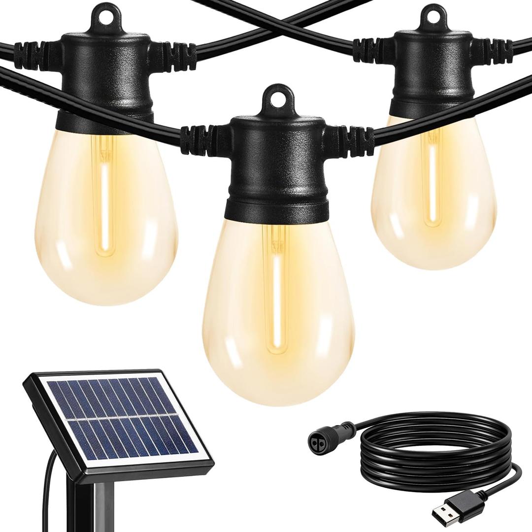 SUNTHIN 24ft Solar String Lights, USB Rechargeable Solar Outdoor Lights with Waterproof & Shatterproof LED Bulbs for Patio, Porch, Garden, Deck, Bistro, Cafe, Camping (Black)