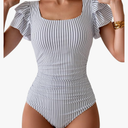 Eomenie Women's Tummy Control One Piece Swimsuit Ruffle Square Neck Bathing Suit Ruched Cutout Back Slimming Swimwear, Small