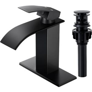 Qomolangma Waterfall Bathroom Faucet, Matte Black Modern Single Handle Bathroom Faucets for 1 or 3 Hole Bathroom Sink Faucet Mixer Tap Washbasin Faucet with Deck, Pop-up Drain and Supply Hoses (Short, A-Black)