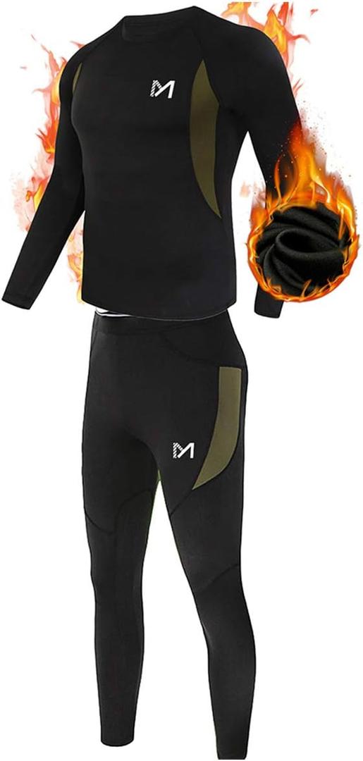 MEETYOO Thermal Underwear for Men, Winter Gear Long Johns Base Layer Top and Bottom Set for Skiing Running (Large, Black)
