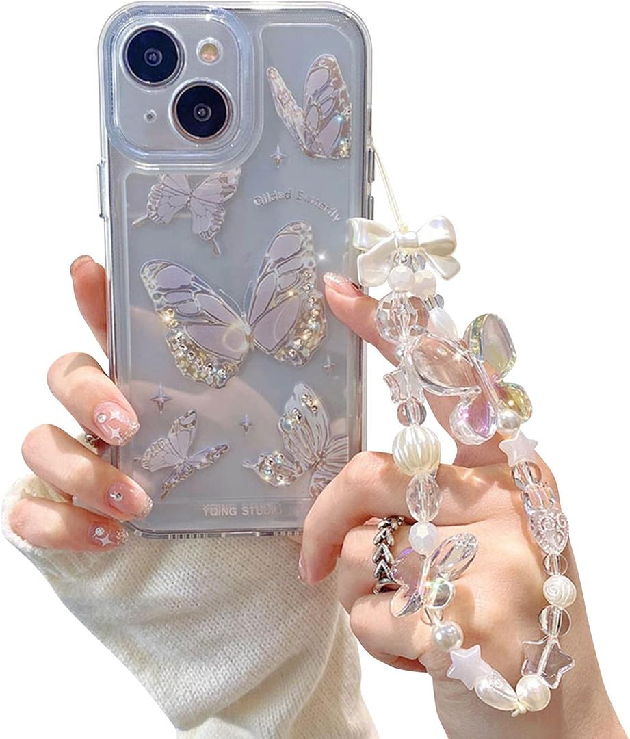 Fycyko Compatible for iPhone 13/iPhone 14 Case Cute Butterfly Pattern Clear Design Aesthetic Women Teen Girls Glitter Pretty Crystal Sparkle Sparkly Phone Cases Protective Cover+Butterfly Chain