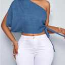 SOLY HUX Women's One Shoulder Blouse Short Sleeve Drawstring Side Casual Summer Crop Tops (Blue, L)