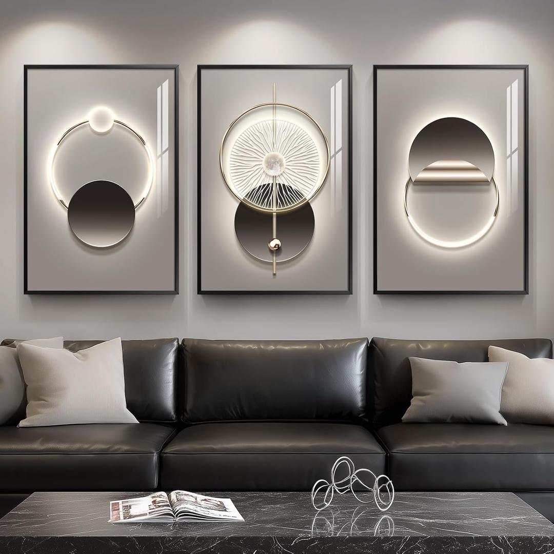 Framed Modern Black and Grey Abstract Wall Art for Living Room, Large 3 Piece Bright Silvery Pictures Artwork Decor, Minimalist Geometric Luxury Painting Prints for Hallway Home Office 24x36 In