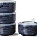 Ceramic Bowls with Lids: 20 oz Microwave Safe Food Storage Containers for Soup, Salad, Cereal, Leftovers, Meal Prep, Lunch, Picnic, Camping, Serving - Airtight, Navy, Set of 4 (Navy-4pcs)