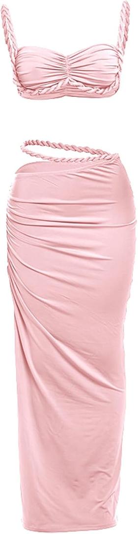 Women's Two Piece Skirt Sets Summer Beach Sexy Ruched Backless Cami Top And Cut Out Skirt Night Out Dress (Pink)