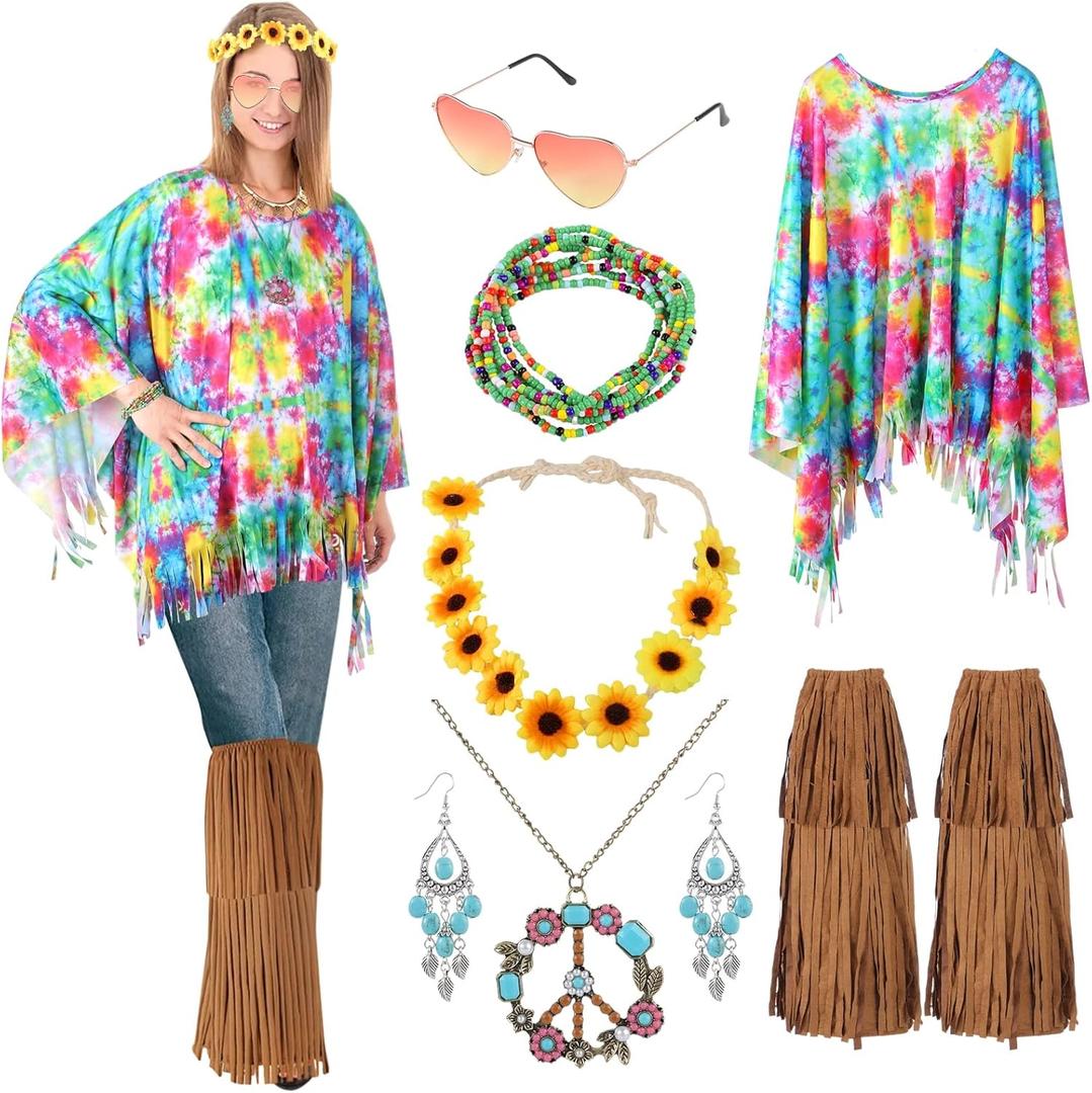 7 Pcs Women Hippie Costume Accessories, 60s 70s Costume Outfit Kit, Including Hippie Tie Dye Poncho, Fringe Boot Covers, Peace Sign Necklace, Turquoise Earrings, Sunglasses, Flower Headband