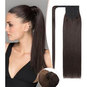 S-noilite Wrap Around Ponytail Extension Human Hair #2 Dark Brown Ponytail Extensions Real Remy Hair 22inch Long Straight Clip in Human Pony tail for Women 95Grams