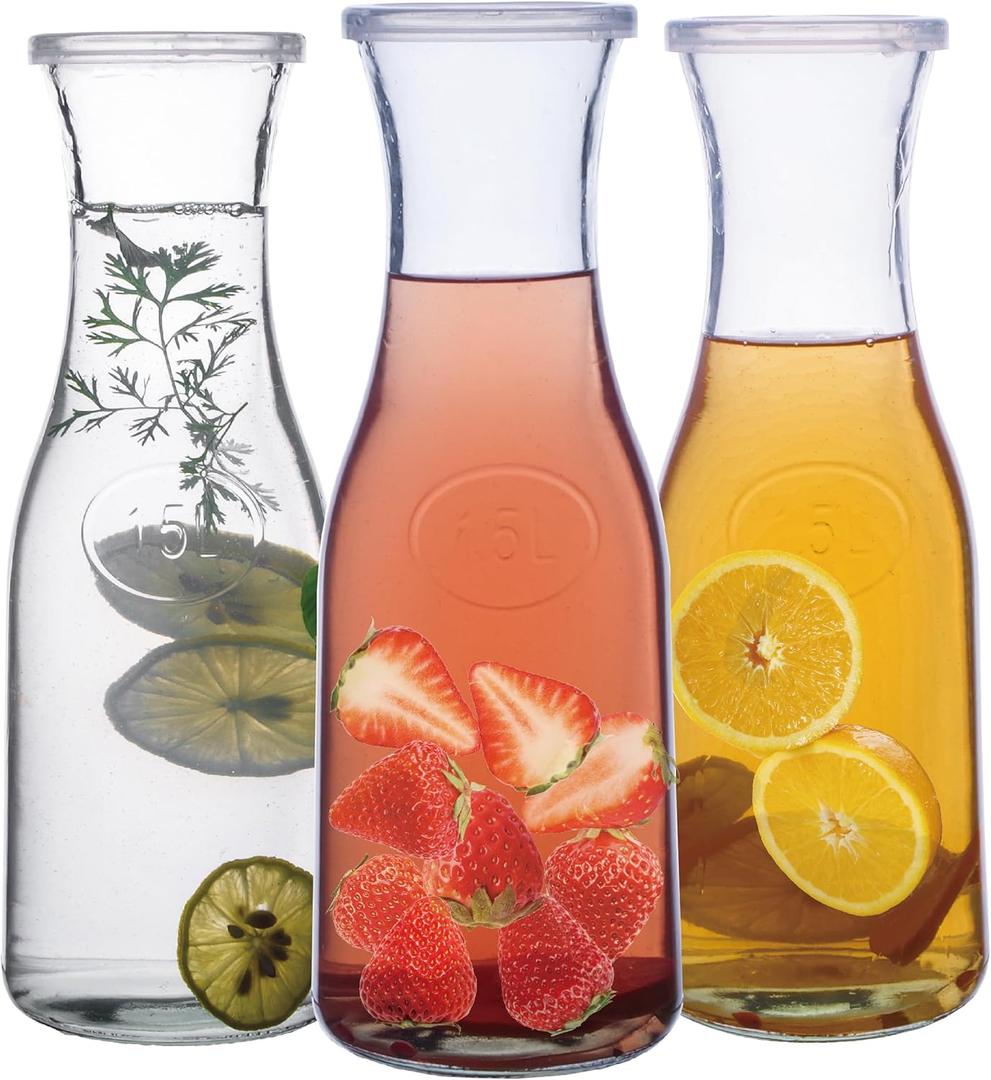 Chefcaptain Large Glass Wine Carafes With Snap-On Lids, Set Of 3 (50 Oz/1.49L Each), Lead-Free, For Water, Juice, Milk, Mimosa Bar