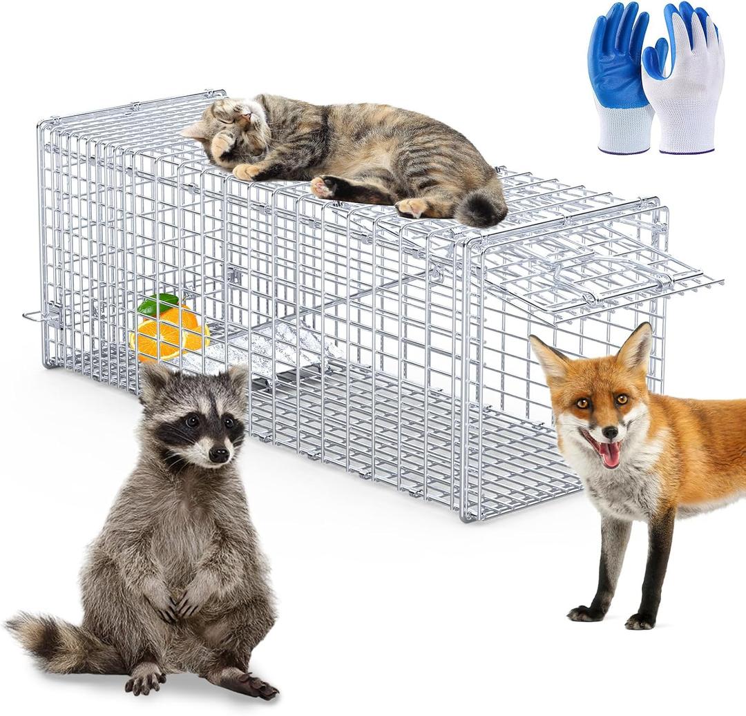 Humane Animal Trap, 37"x14"x15" Foldable Large Live Cage Traps for for Raccoons Beavers Groundhogs Foxes Armadillos and Other Live Animals, Easy to Catch and Release, Work for Indoor Outdoor