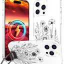 Topgraph Compatible with iPhone 16 Pro Case Magsafe Clear,Magnetic Transparent Cute Silicone Phone Cover Cases for Women - Black Flowers Line Art
