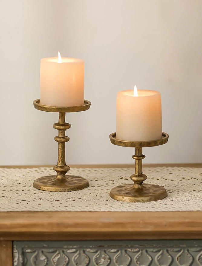 NUPTIO Gold Candle Holders for Pillar: Antique Brass Cast Iron Candleholder for 3 Inch Pillars Heavy Metal Candle Stand for Christmas Party Table Decor