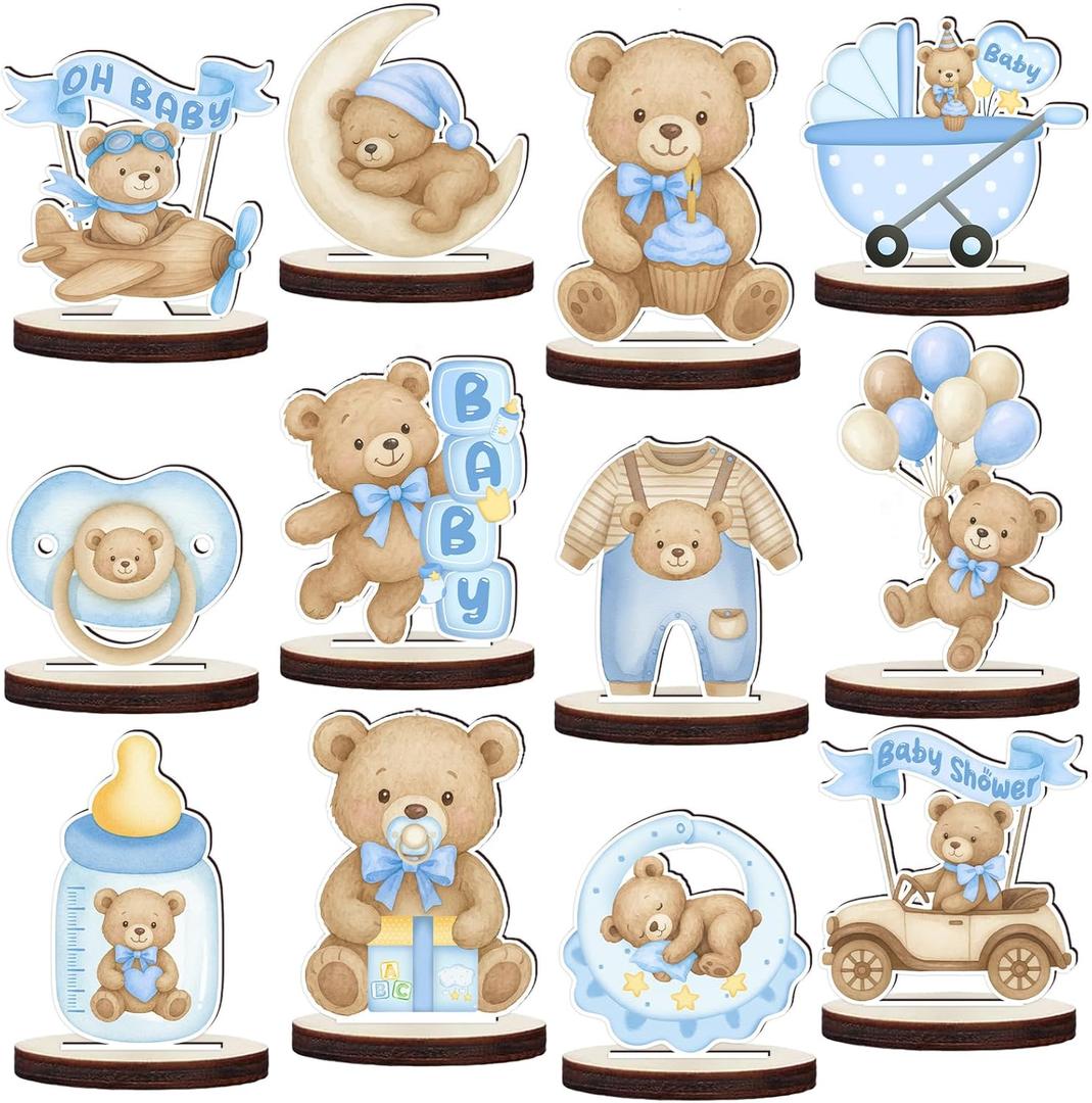 12 Pcs Wooden Baby Shower Centerpieces for Tables - Secure Fit Bear Table Decorations for Gender Reveal - Double Sided Blue Bear Table Toppers for Birthday Party Decor, Photo Props