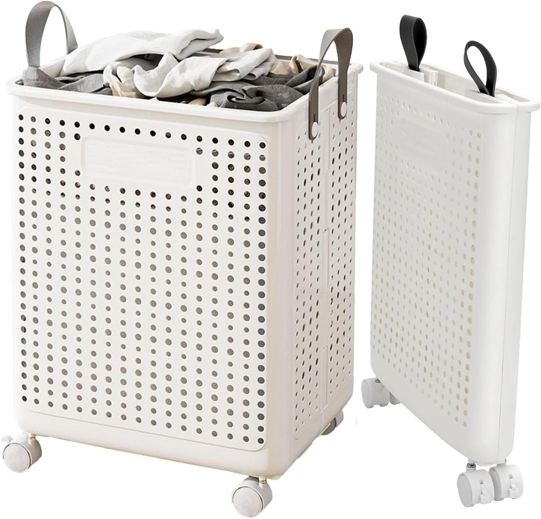 55L Collapsible Large Laundry Hamper, laundry basket plastic,Laundry Basket with Wheels,Suitable for Bathroom, Bedroom, Dorm Room & Laundry Room,Basket with Handle (White)