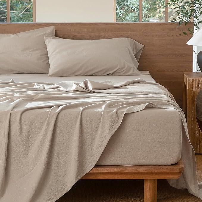 MooMee Bedding Sheet Set 100% Washed Cotton Linen Like Textured Breathable Durable Soft Comfy (Heathered Tannish Linen Grey, Queen)