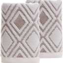 Pidada Hand Towels Set of 2 Diamond Pattern 100% Cotton Absorbent Soft Decorative Towel for Bathroom 13.4 x 29.5 Inch (Beige Brown)