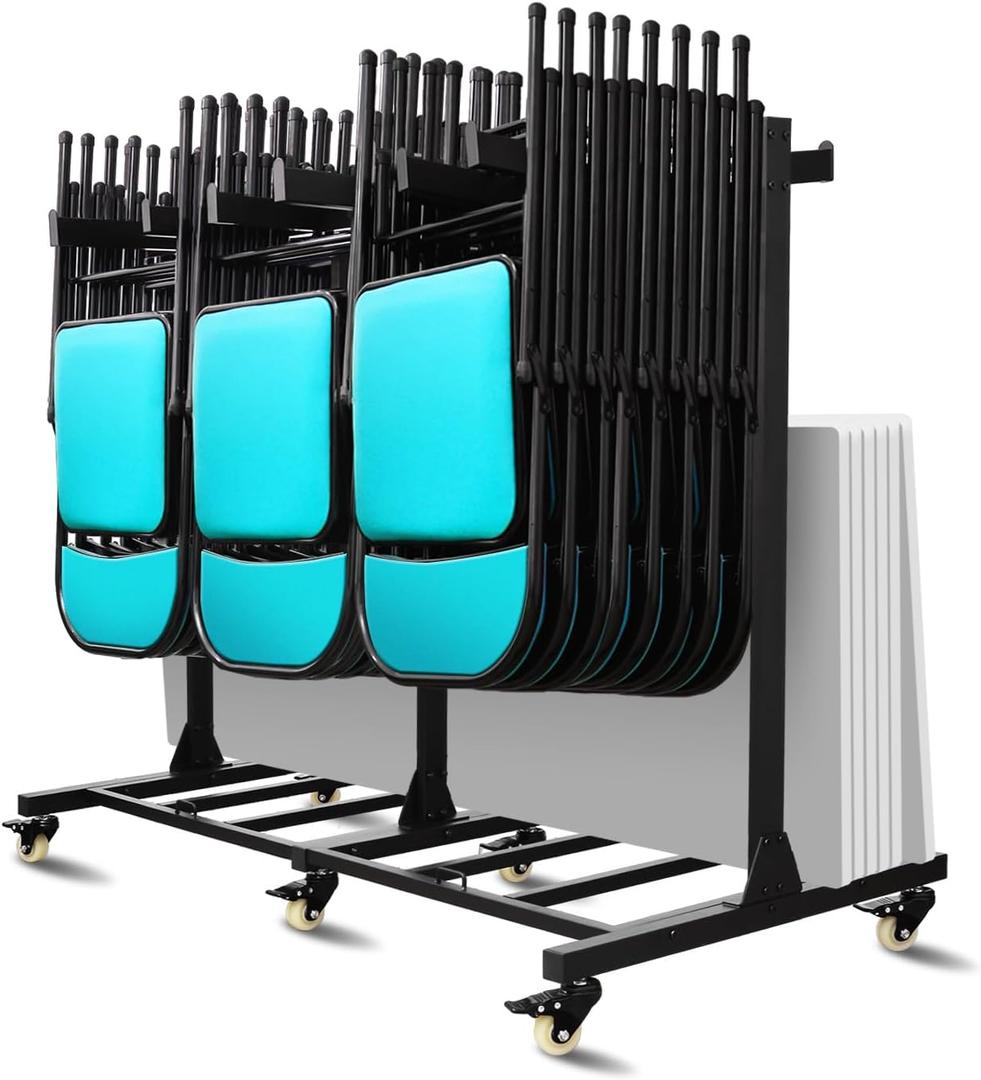Folding Chair Cart Holds 42 Chairs, 500-lb Capacity Heavy-Duty Folding Chair Rack with Locking Rubber Wheels for Churches, Banquets, and Weddings