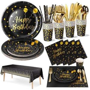 Nkaiso Birthday Party Tableware, 161 Pieces Black Gold Party Supplies, Party Dinnerware Sets Include Paper Plates Napkins Cups Silverware, for Shower Engagement Parties Decoration -20 Serves