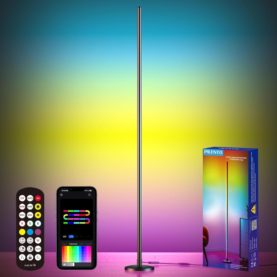 RGB LED Corner Floor Lamp with Music Sync and 16 Million DIY Colors, Color Changing Modern Smart Standing Lamp with APP and Remote Control, Ambient Light for Bedroom, Living Room & Gaming room (Black)