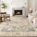 10x12 Washable Area Rug: Vintage Neutral Soft Non Slip Thin Large Floor Carpet for Living Room Bedroom Kitchen Dining Room Home Office Farmhouse Indoor - Beige Brown