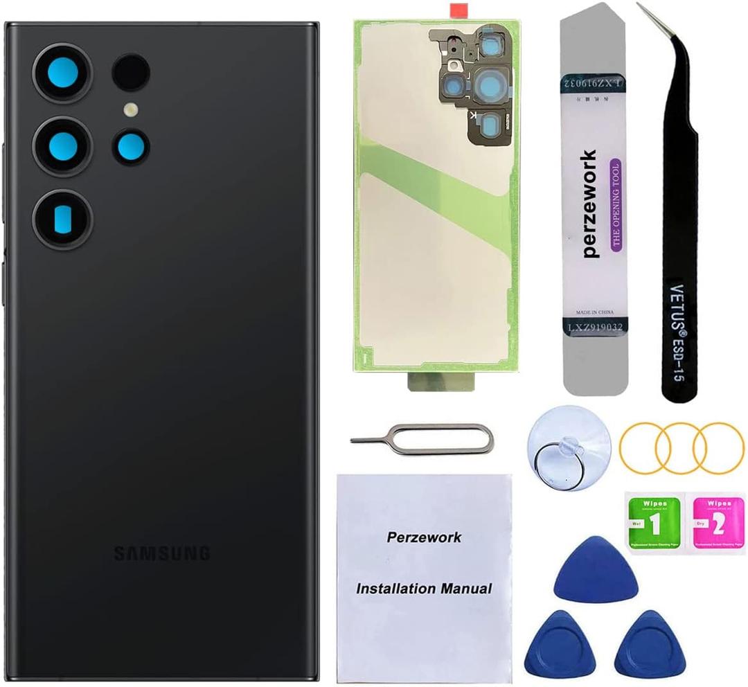 Rear Back Glass Replacement Compatible with Samsung Galaxy S23 Ultra 6.8-inches with Reparing Tool Kit (Phantom Black)