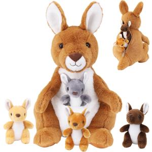 5 PCS Kangaroo Stuffed Animal, 16 Inch Mommy Stuffed Kangaroo Plush Toy with 4 Babies Insides, Kangaroos with Joey Plush Toys and Pouch for Kids Birthday Gift Christmas Party Favors