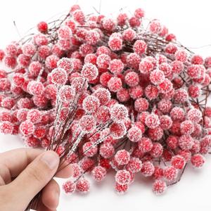 Suncalla 300 Pcs Snowy Artificial Holly Berry Stems Christmas Berry Picks Bulk Mini Fake Red Picks Flocked Ornaments for Christmas Tree Branches Fillers Wreath Home Xmas Winter Holiday Decorations