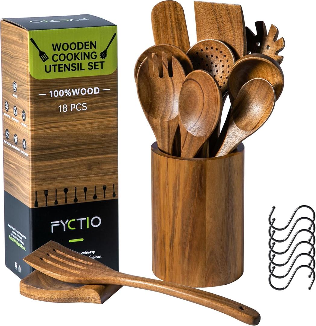 12 PCS Acacia Wooden Spoons for Cooking  HeatResistant, Comfort Grip,Easy to Clean, Nonstick Friendly  Kitchen Utensil Set with Holder, Spoon Rest & 6 Hooks, Ideal for Gifting
