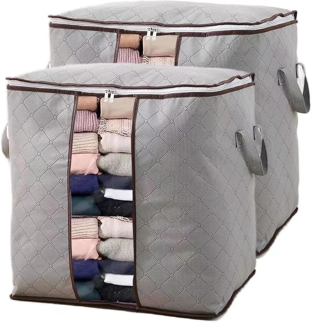 Large Storage Bags,2 Pack Storage Bins with Reinforced Handle and Sturdy Zipper, Closet Storage for Blanket, Comforter, Pillows and Bedding, Gray